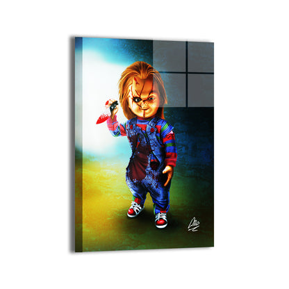 "Playtime’s Over – Chucky Wall Art on canvas, acrylic, and metal – Chucky with sinister grin and knife in a creepy background."


