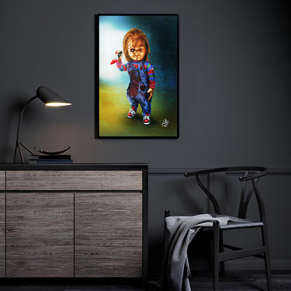 "Playtime’s Over – Chucky Wall Art on canvas, acrylic, and metal – Chucky with sinister grin and knife in a creepy background."

