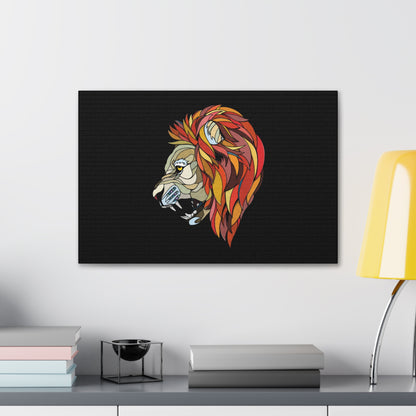 "Prismatic King – Geometric Shape Lion Wall Art on canvas, acrylic, and metal – front view featuring a bold lion made of angular geometric patterns."

