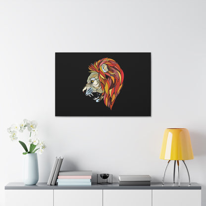 "Prismatic King – Geometric Shape Lion Wall Art on canvas, acrylic, and metal – front view featuring a bold lion made of angular geometric patterns."
