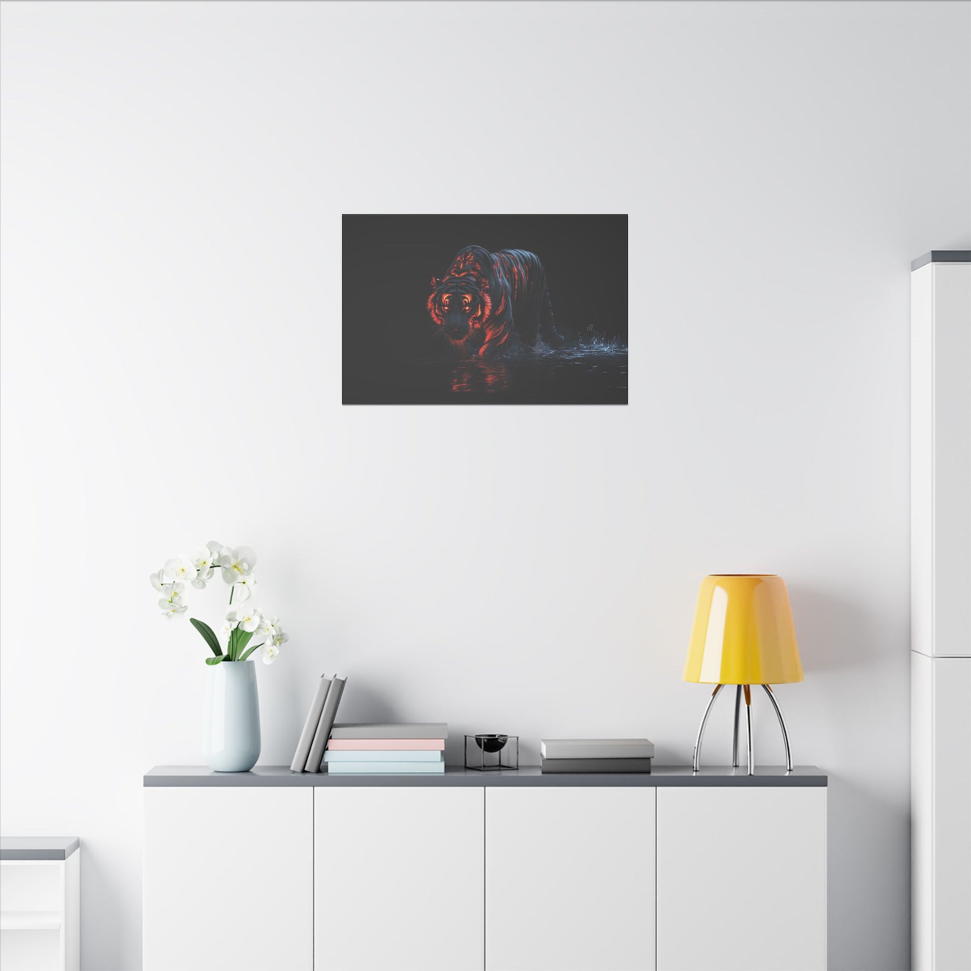"Tiger with Glowing Red Stripes Wall Art on premium canvas, acrylic, and metal – front view featuring a majestic tiger with vibrant red stripes"

