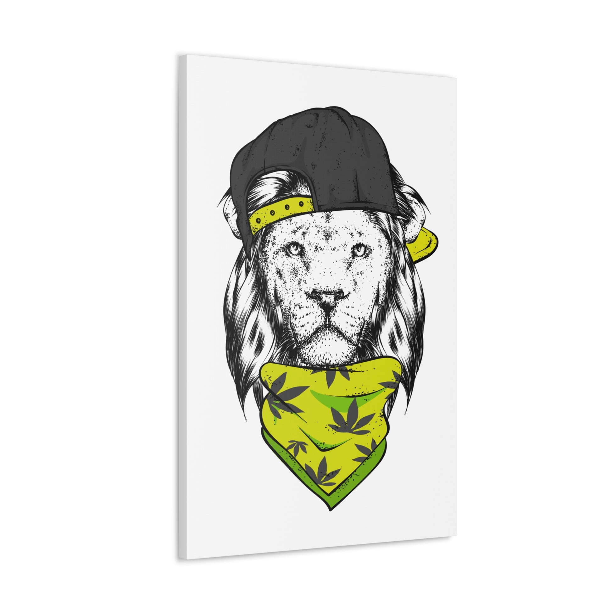 "Street Style Lion Wall Art on canvas, acrylic, and metal – front view featuring a lion with a sideways cap and bandana"
