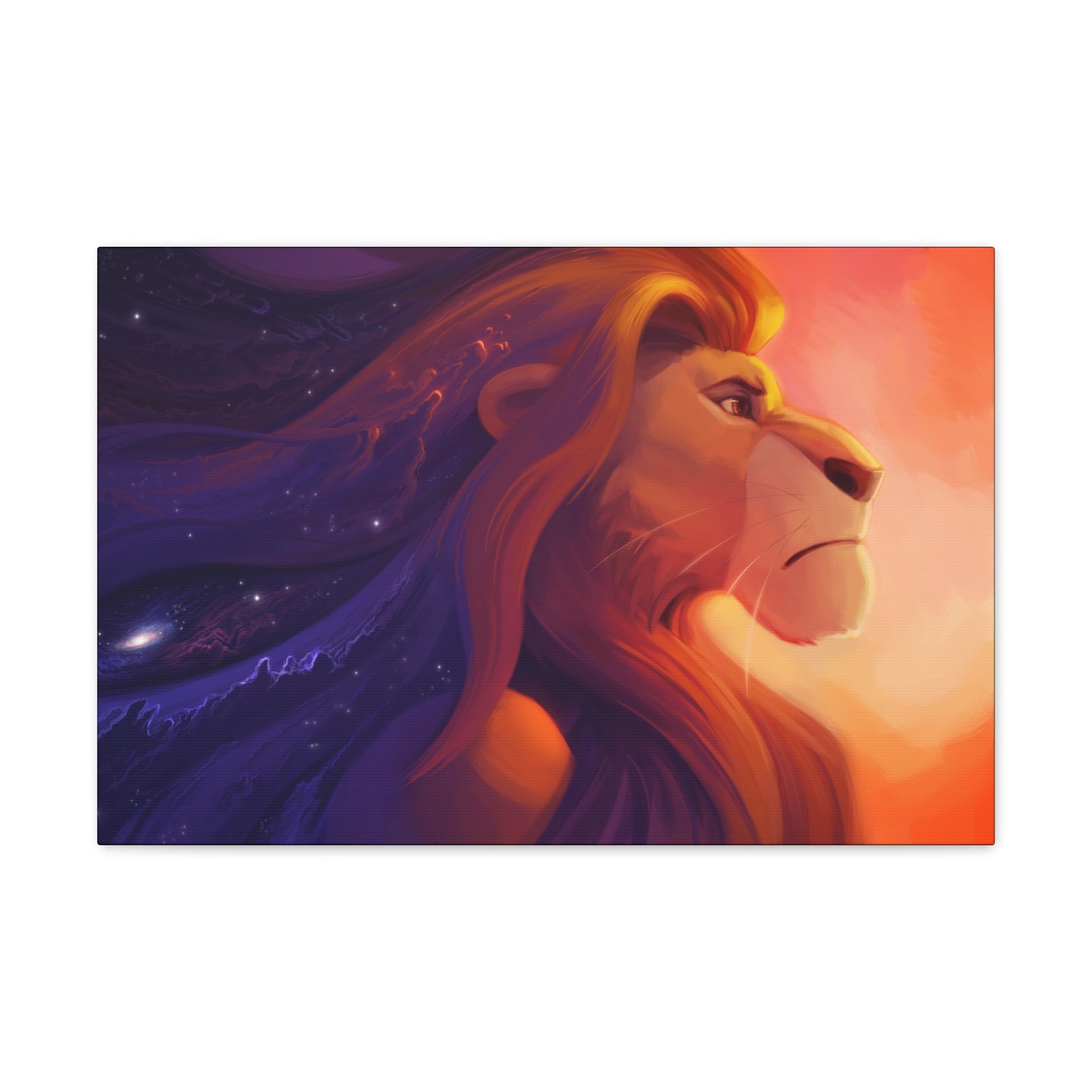 "Legacy of the King – Mufasa Starry Mane Wall Art on canvas, acrylic, and metal – front view featuring a celestial-themed portrait of Mufasa."
