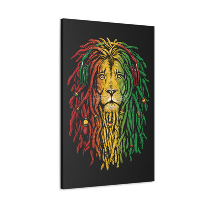 "Bob Marley-Inspired Lion Wall Art on canvas, acrylic, and metal – front view featuring reggae colors and dreadlock-style mane"
