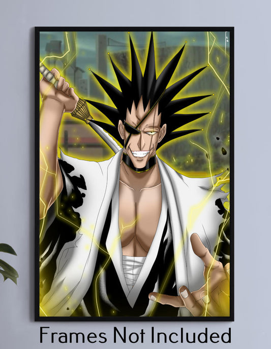 11x17 Kenpachi Zaraki poster print with yellow lightning and wild expression


