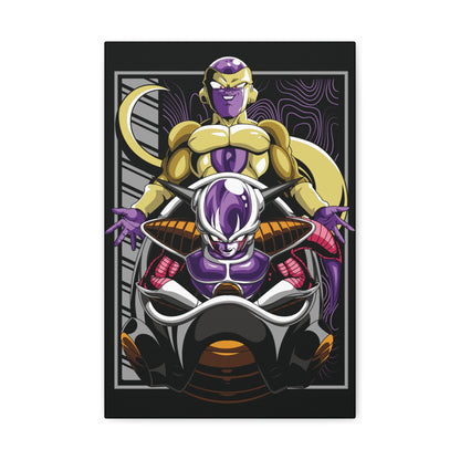 "Dual Power – Golden Freeza & Freeza in Throne Wall Art on canvas, acrylic, and metal – featuring both Freeza’s golden transformation and his classic form in his chair."

