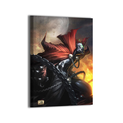 Hell spawn antihero standing before fire and moon, cloaked in crimson and chains, 12x18 canvas