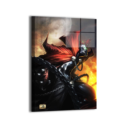 metal wall print of Spawn-like figure with chains and glowing eyes, 12x18