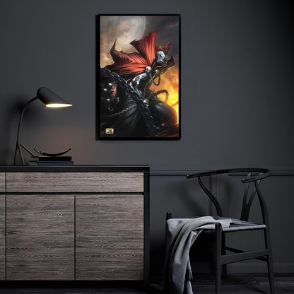 Spawn-inspired 11x17 print with glowing green eyes, chains, skulls, and red cape against a fiery backdrop