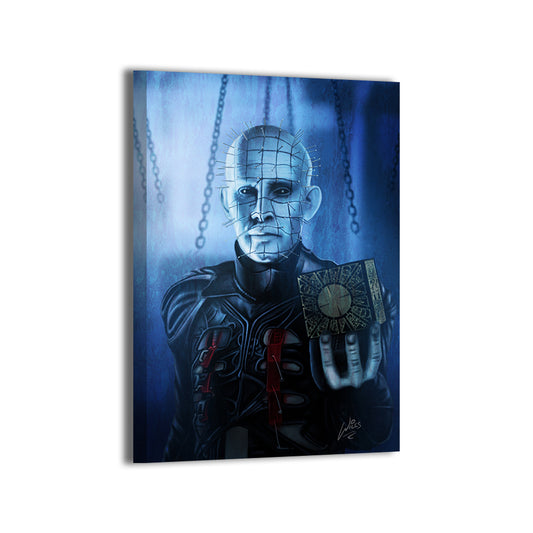"Chains of Dread – Pinhead Wall Art on canvas, acrylic, and metal – Pinhead from Hellraiser with chains and iconic pin-covered face."