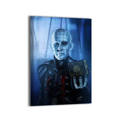 "Chains of Dread – Pinhead Wall Art on canvas, acrylic, and metal – Pinhead from Hellraiser with chains and iconic pin-covered face."

