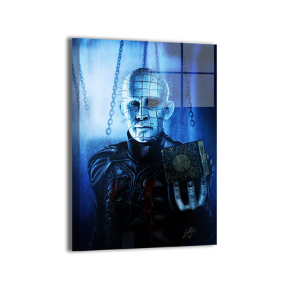 "Chains of Dread – Pinhead Wall Art on canvas, acrylic, and metal – Pinhead from Hellraiser with chains and iconic pin-covered face."


