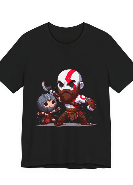 Front of a black graphic T-shirt showing chibi Kratos with red markings, a brown beard and armor beside a small helmeted companion.