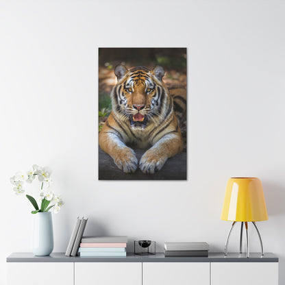 "Wild Resilience – Panting Tiger Wall Art on canvas, acrylic, and metal – front view featuring a fierce tiger mid-pant with intense eyes."
