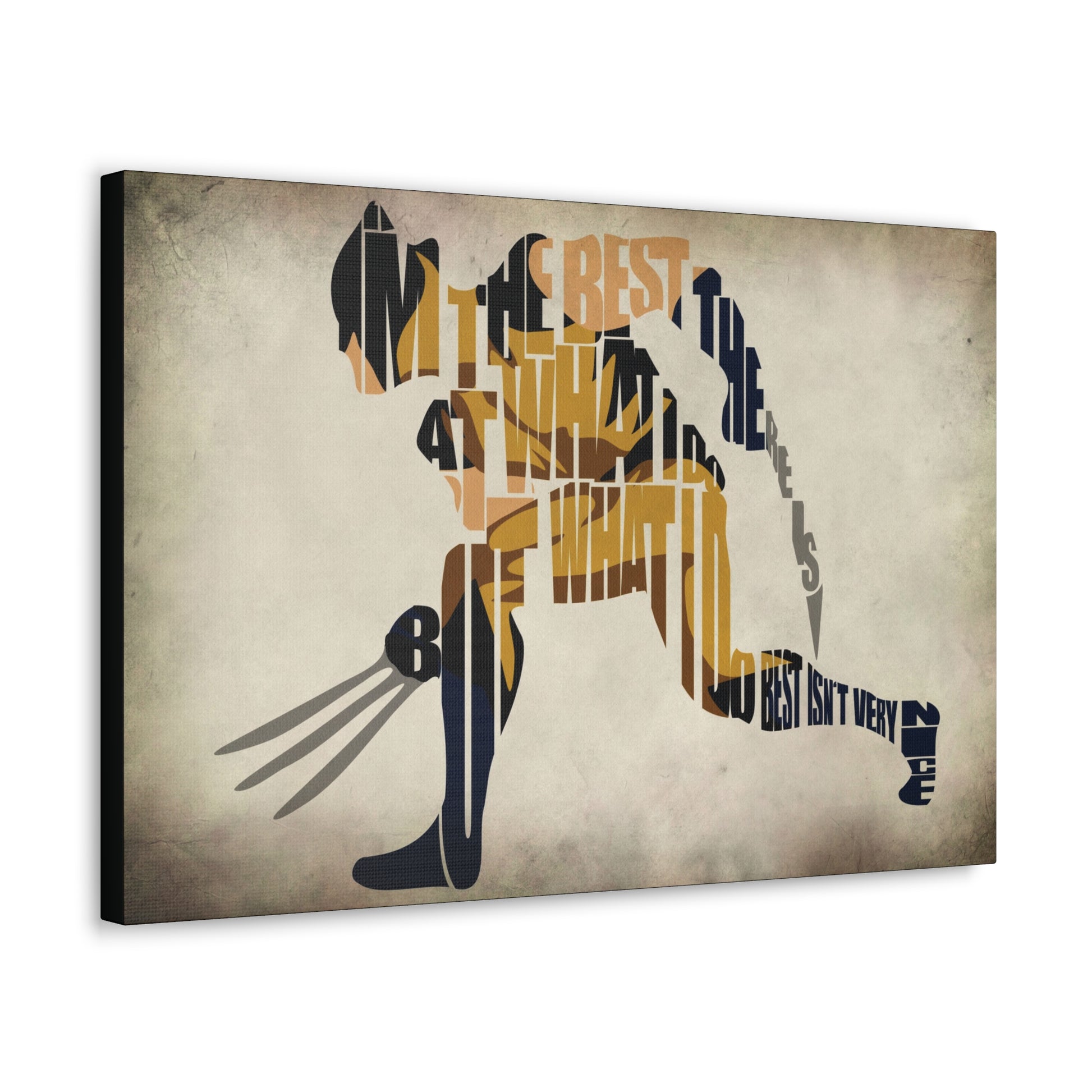 "Wordsmith Warrior – Wolverine Typography Art on canvas, acrylic, and metal – front view featuring Wolverine’s silhouette created entirely from his iconic catchphrase."

