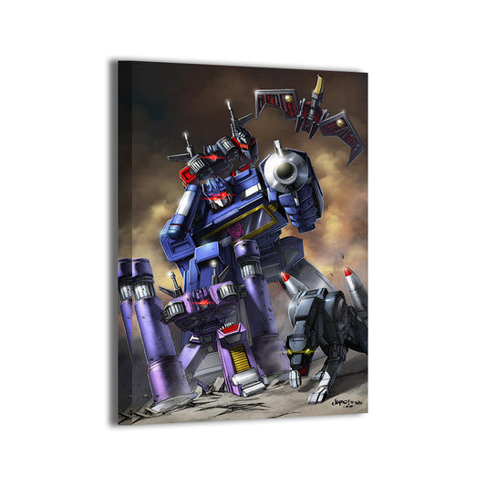 G1 Soundwave and Decepticons charging forward in robot battle pose, 12x18 canvas