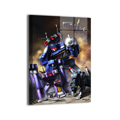 Metal Transformers print of Soundwave leading Ravage, Shockwave, and Laserbeak, 12x18

