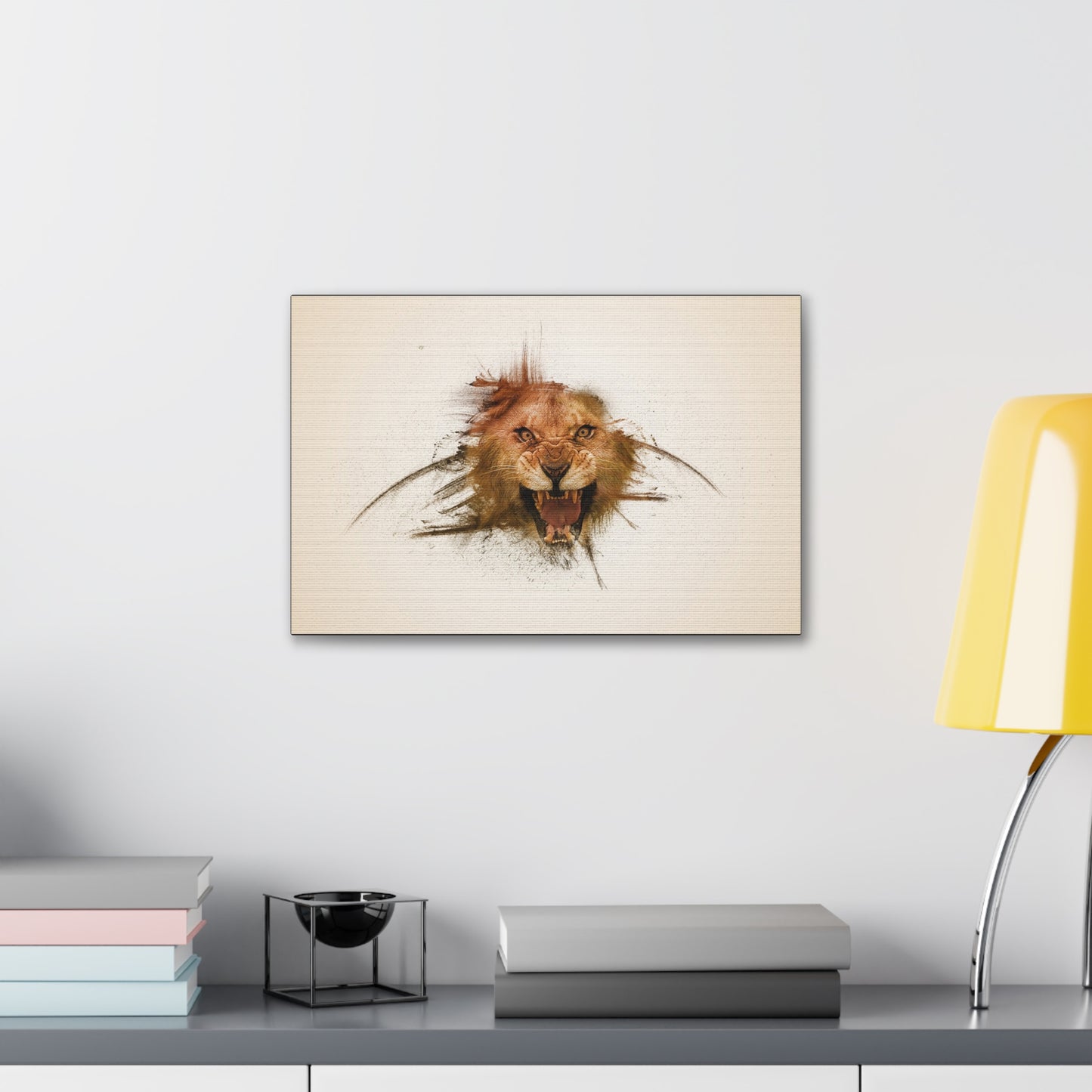 "Shadow King – Realistic Lion Behind Canvas Illusion Wall Art on canvas, acrylic, and metal – front view featuring a hyper-realistic lion pressing against the artwork."
