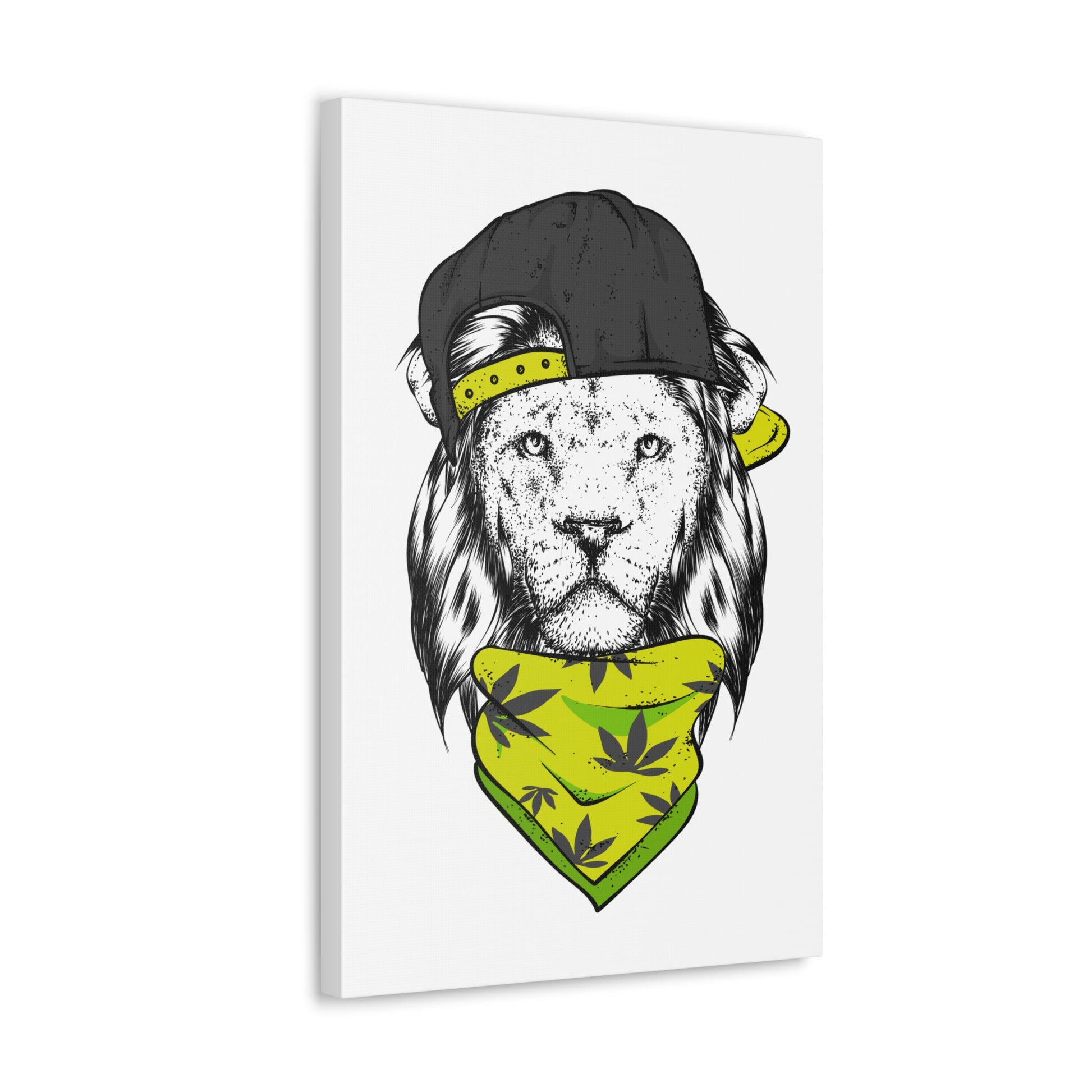 "Street Style Lion Wall Art on canvas, acrylic, and metal – front view featuring a lion with a sideways cap and bandana"
