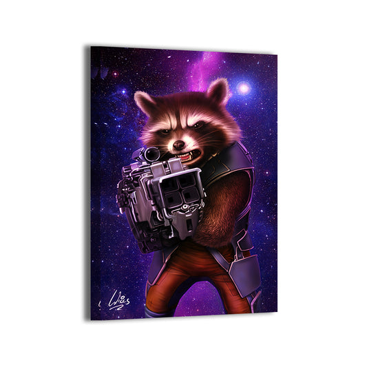 "Trash Panda Tactics – Rocket Raccoon Wall Art on canvas, acrylic, and metal – front view featuring Rocket armed with blasters in battle stance."