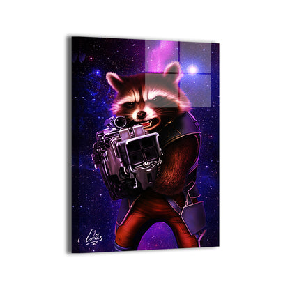 "Trash Panda Tactics – Rocket Raccoon Wall Art on canvas, acrylic, and metal – front view featuring Rocket armed with blasters in battle stance."

