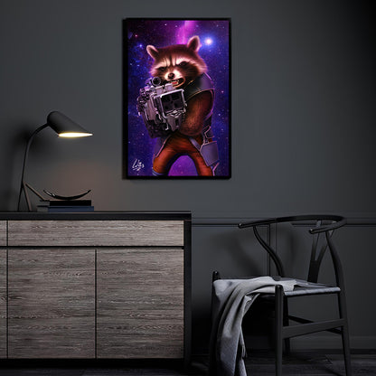 "Trash Panda Tactics – Rocket Raccoon Wall Art on canvas, acrylic, and metal – front view featuring Rocket armed with blasters in battle stance."

