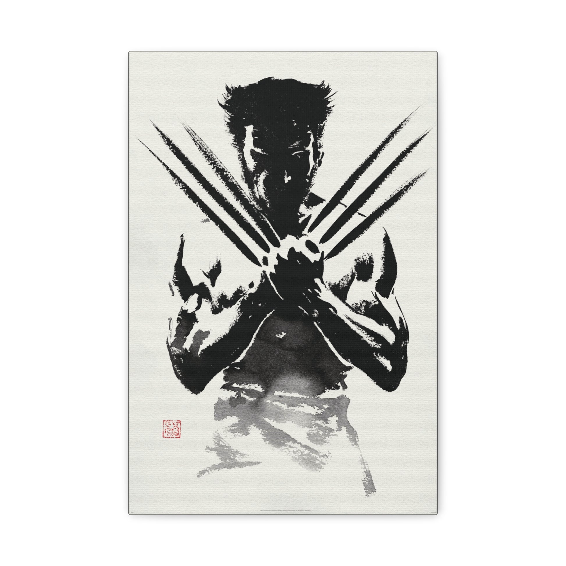 "Samurai Spirit – Black & White Japanese Watercolor Wolverine Wall Art on canvas, acrylic, and metal – front view featuring Wolverine in an ink-wash samurai stance."
