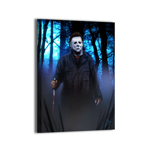 "The Shape of Fear – Michael Myers Wall Art on canvas, acrylic, and metal – Michael Myers standing in shadows with mask and knife."

