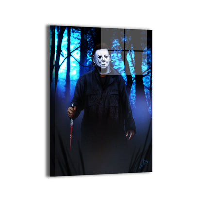 "The Shape of Fear – Michael Myers Wall Art on canvas, acrylic, and metal – Michael Myers standing in shadows with mask and knife."

