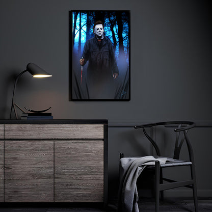 "The Shape of Fear – Michael Myers Wall Art on canvas, acrylic, and metal – Michael Myers standing in shadows with mask and knife."

