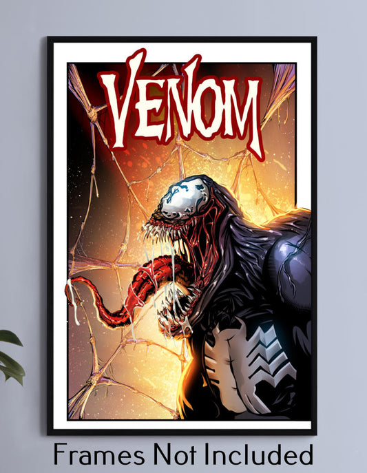 Venom snarling with tongue out and webs behind him, 11x17 comic print