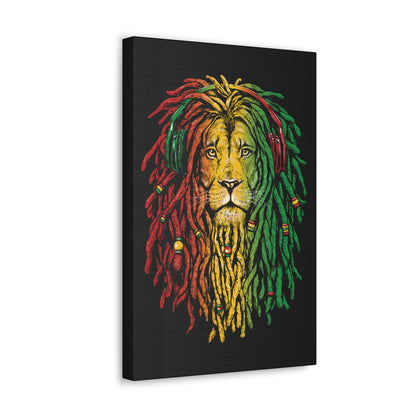 "Bob Marley-Inspired Lion Wall Art on canvas, acrylic, and metal – front view featuring reggae colors and dreadlock-style mane"
