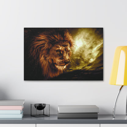 "Celestial King – Lion with Cloudscape Wall Art on canvas, acrylic, and metal – front view featuring a majestic lion against a dramatic sky."
