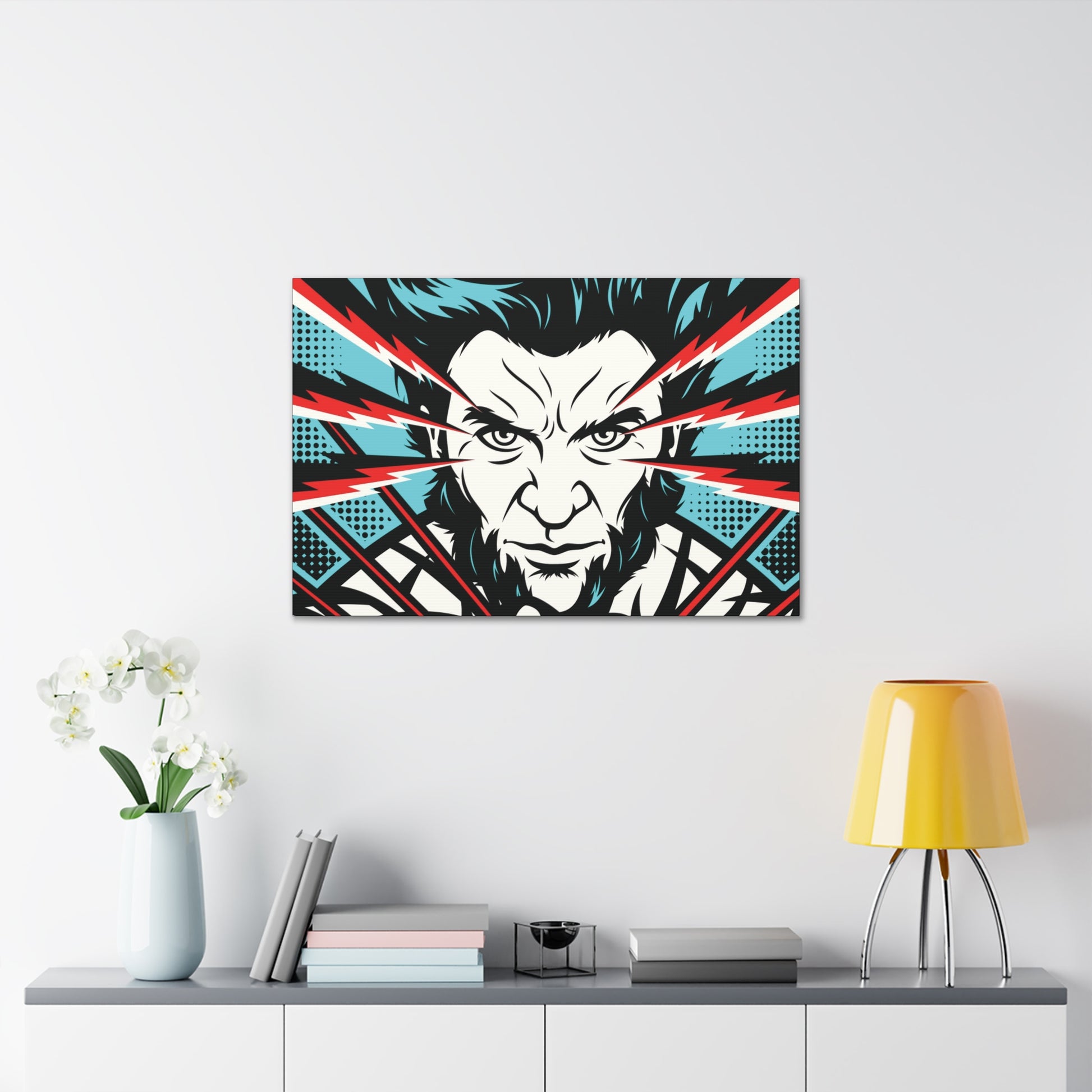 "Neon Rage – Blue & Red Wolverine Wall Art on canvas, acrylic, and metal – front view featuring Wolverine in a high-contrast blue and red color scheme."
