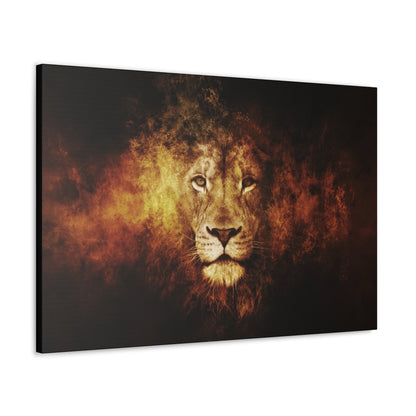 "Inferno King – Fiery Lion Head Illusion Wall Art on canvas, acrylic, and metal – front view featuring a roaring lion’s head emerging from flames."

