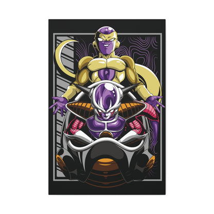 "Dual Power – Golden Freeza & Freeza in Throne Wall Art on canvas, acrylic, and metal – featuring both Freeza’s golden transformation and his classic form in his chair."

