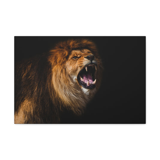 "Roar of the King – Powerful Roaring Lion Wall Art on canvas, acrylic, and metal – front view featuring a fierce roaring lion."