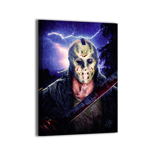 "Camp Blood – Jason Voorhees Wall Art on canvas, acrylic, and metal – Jason in hockey mask holding machete in eerie woods setting."