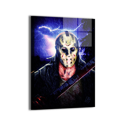 "Camp Blood – Jason Voorhees Wall Art on canvas, acrylic, and metal – Jason in hockey mask holding machete in eerie woods setting."

