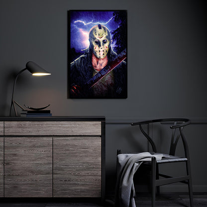 "Camp Blood – Jason Voorhees Wall Art on canvas, acrylic, and metal – Jason in hockey mask holding machete in eerie woods setting."

