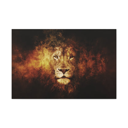 "Inferno King – Fiery Lion Head Illusion Wall Art on canvas, acrylic, and metal – front view featuring a roaring lion’s head emerging from flames."
