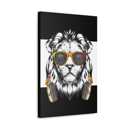 "Cool Lion with Headphones & Shades Wall Art on canvas, acrylic, and metal – front view of urban music-inspired design"
