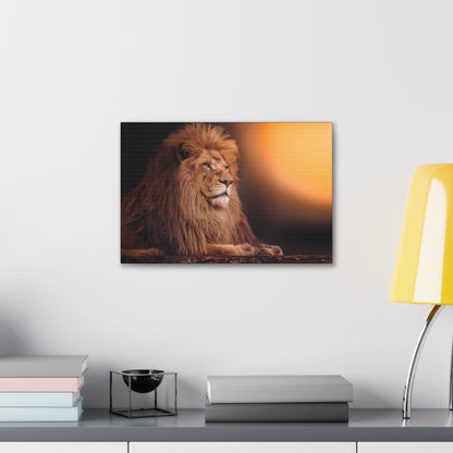 "Golden Majesty – Lion Resting with Sunlit Background Wall Art on canvas, acrylic, and metal – front view featuring a powerful lion against a glowing sun."
