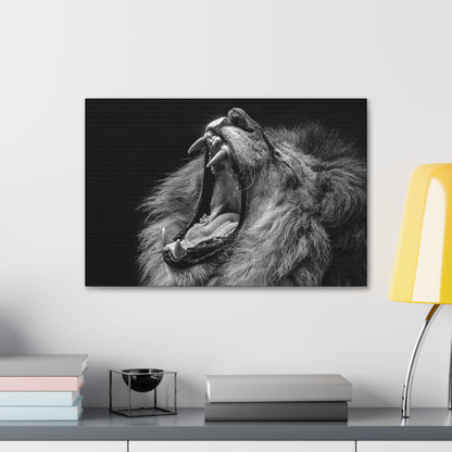 "Monochrome Roar – Black & White Lion Wall Art on canvas, acrylic, and metal – front view featuring a roaring lion."
