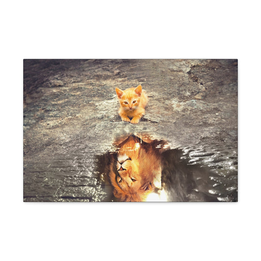 Dream Big – Kitten with Lion Reflection Wall Art on canvas, acrylic, and metal – front view featuring a kitten looking at its reflection, which appears as a lion.