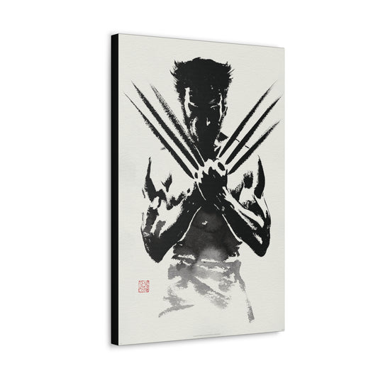 "Samurai Spirit – Black & White Japanese Watercolor Wolverine Wall Art on canvas, acrylic, and metal – front view featuring Wolverine in an ink-wash samurai stance."