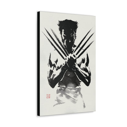 "Samurai Spirit – Black & White Japanese Watercolor Wolverine Wall Art on canvas, acrylic, and metal – front view featuring Wolverine in an ink-wash samurai stance."
