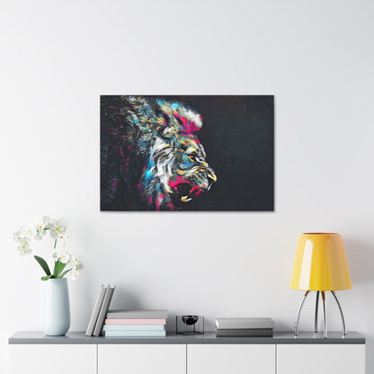 "Fury of the Wild – Colorful Snarling Lion Wall Art on canvas, acrylic, and metal – front view featuring a fierce, neon-colored lion baring its teeth."
