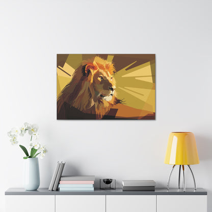 "Geometric Majesty – Yellow Abstract Lion Wall Art on canvas, acrylic, and metal – front view featuring a bold geometric lion design."
