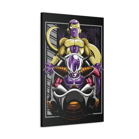 "Dual Power – Golden Freeza & Freeza in Throne Wall Art on canvas, acrylic, and metal – featuring both Freeza’s golden transformation and his classic form in his chair."
